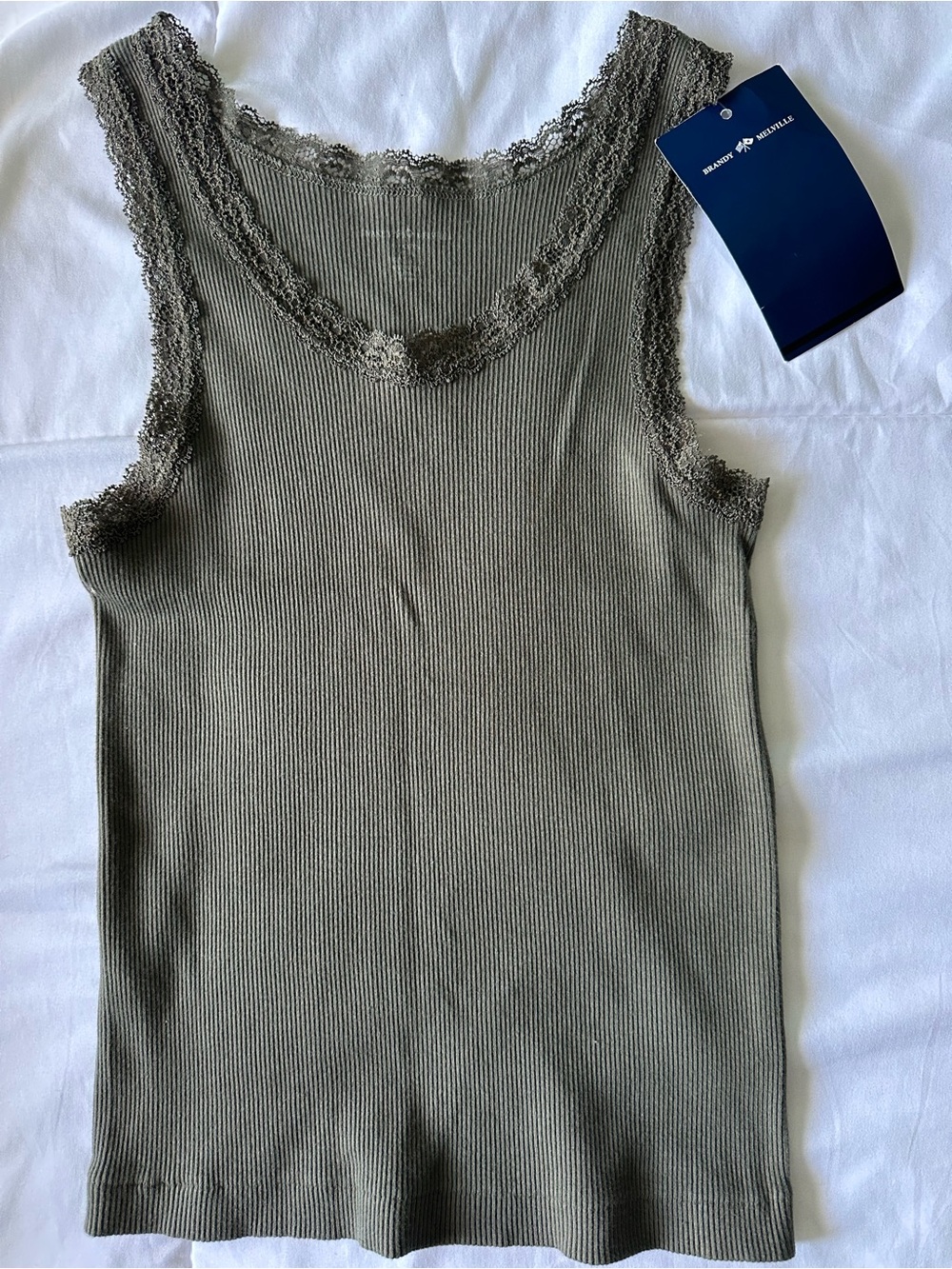 Brandy Melville Olive Ribbed Lace-Trim Tank